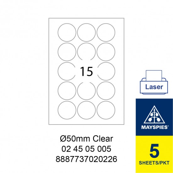 MAYSPIES 02 45 05 005 PREMIUM COLOR LASER LABEL / 5 SHEETS/PKT CLEAR/TRANSPARENT / 50MM ROUND